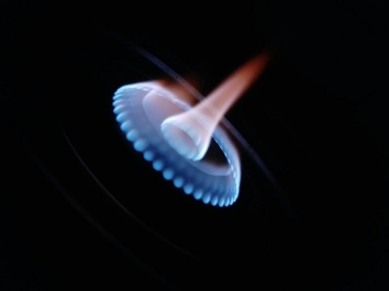 Close-up of a blue gas flame on a household cooker burner