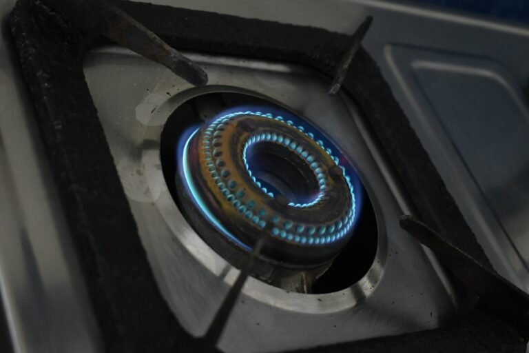 Close-up of a gas cooker burner with a blue flame