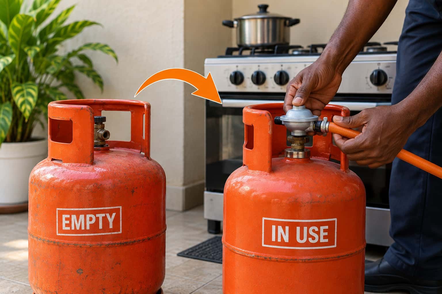 LPG cylinder and regulator connection used with a household gas cooker