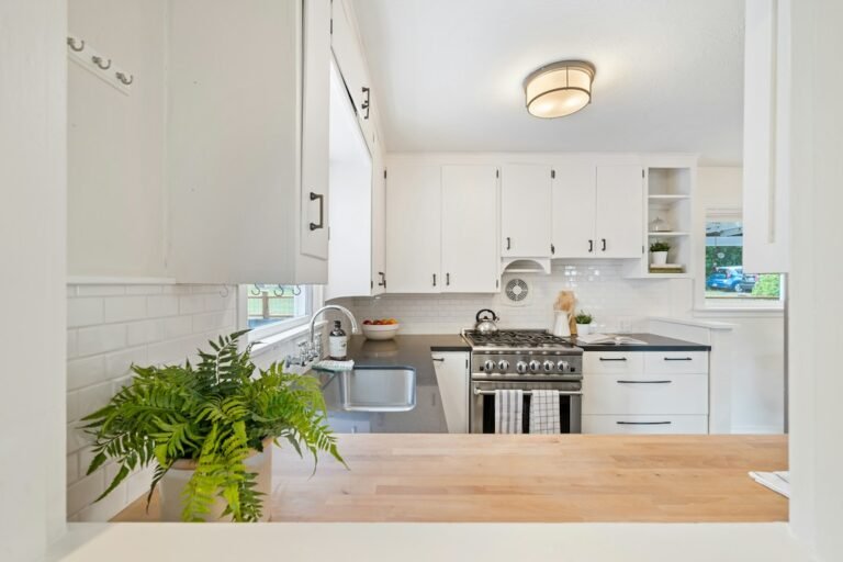 Home kitchen with a gas stove and open cooking space